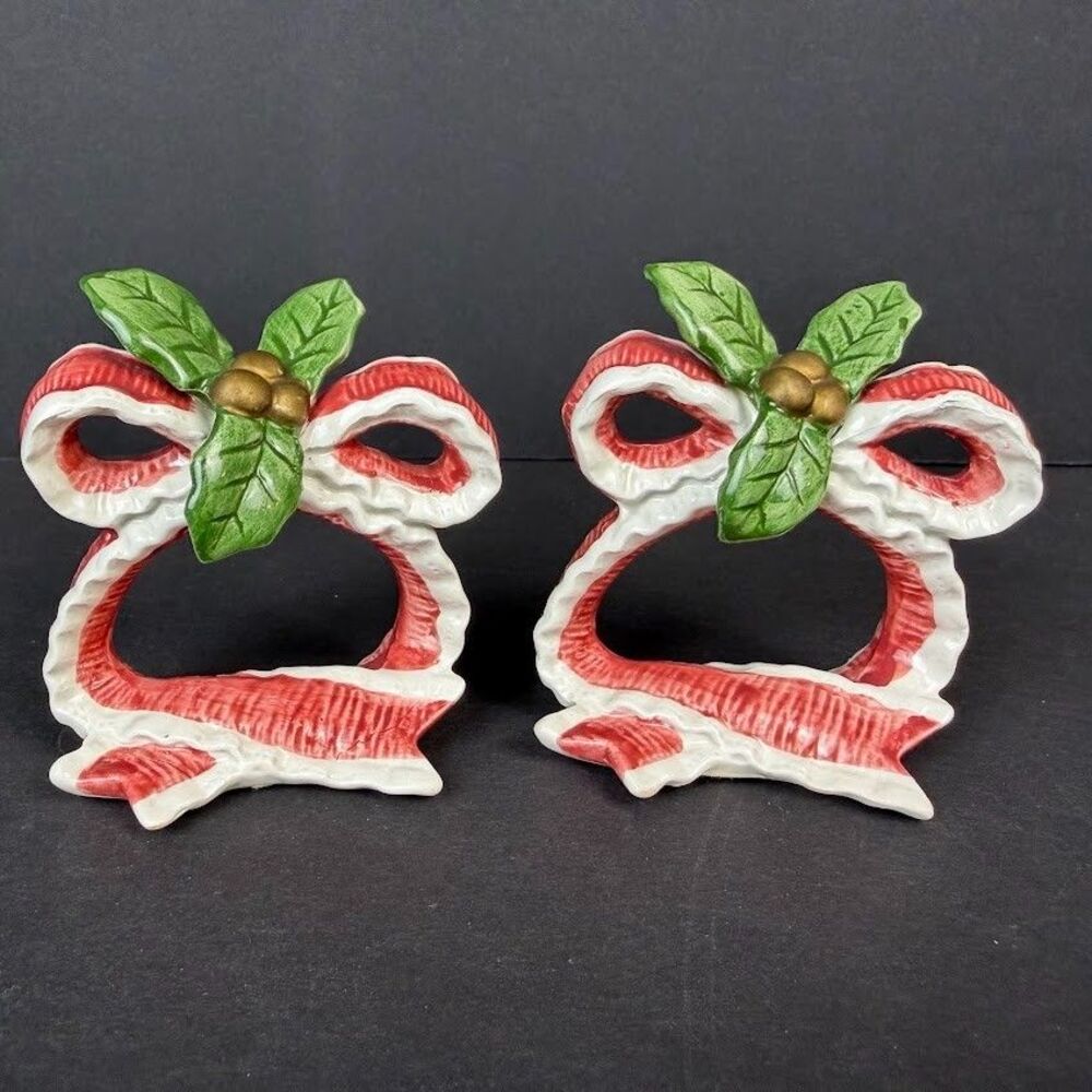 Set of 2 Vintage 1992 Fitz & Floyd Christmas Quilt Ceramic Napkin Rings